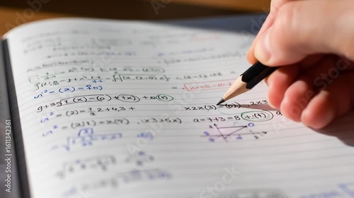 A student's hand holding a pencil, diligently solving complex mathematical equations and formulas in a notebook for an upcoming exam.