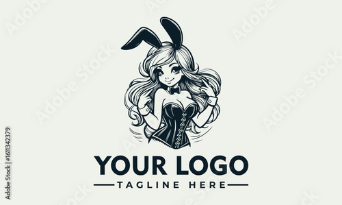 A charming cartoon woman with bunny ears, corset, and flowing hair.