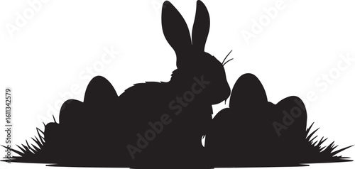 silhouette of a bunny surrounded by Easter eggs, white background