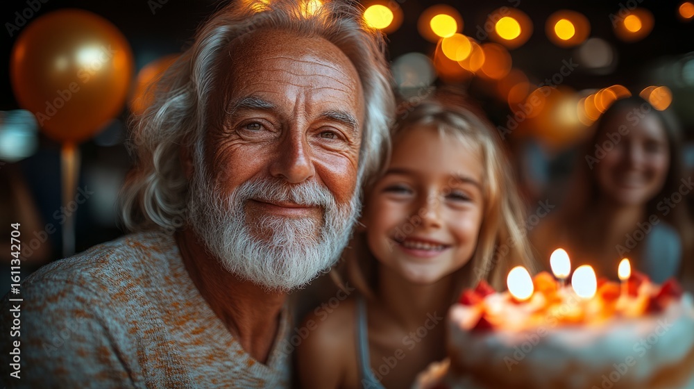 A joyful moment between a grandfather and granddaughter at a lively, warm birthday celebration A joyful moment between a grandfather and granddaughter at a lively, warm birthday celebration