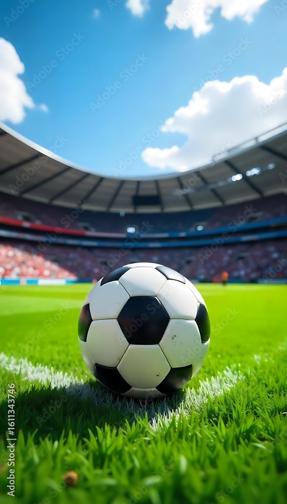 Naklejka premium Generative AI Soccer stadium view featuring a ball on the field in bright sunlight capturing the