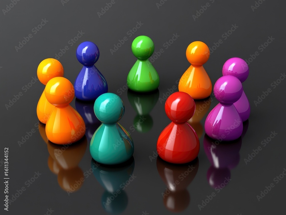 Obraz premium Colorful game pieces arranged in a circle on a reflective surface, symbolizing collaboration or strategy