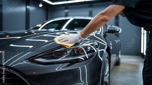 Person in white gloves polishing dark grey car hood with yellow cloth cleaning detailing