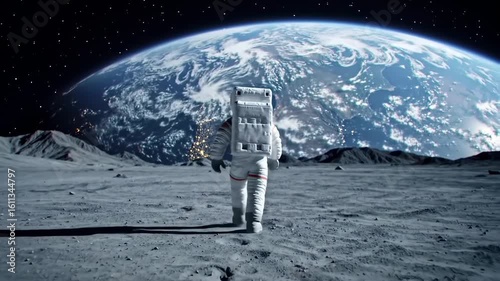 Astronaut walking on the moon, Earth in the background