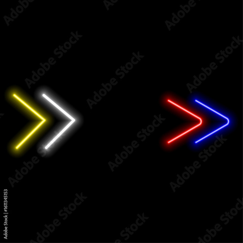 Glowing right yellow neon arrow pointer on dark background. Colorful and bright retro light sign. 3D rendering of glowing neon arrows on a black background. Flashing direction indicators.