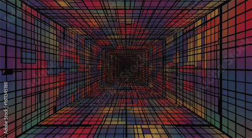 Abstract perspective of a colorful, grid-like tunnel receding into a dark vanishing point.