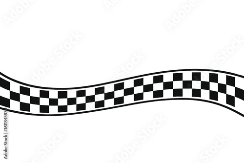 Curved checkered flag banner wave, black white racing finish line ribbon, seamless motorsport victory pattern, speed competition symbol, vector illustration isolated on white background