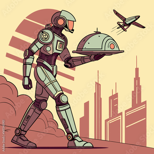 Retro Futuristic Robot Delivering Food in Cityscape