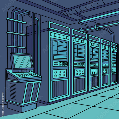 Retro Futuristic Server Room Illustration