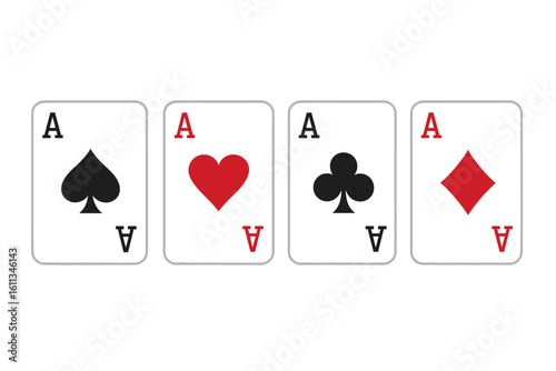 Poker aces collection, four ace playing card icons isolated, spade heart club diamond suits, casino gambling symbol, blackjack winning hand vector illustration on background