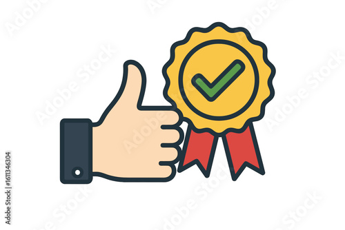 Quality approval seal with green check mark and ribbons beside thumbs up hand icon vector. Verified badge, certification stamp, endorsement symbol for product rating and support.