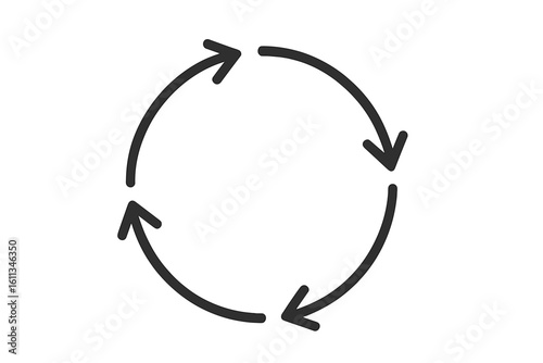 Circular arrows loop icon showing continuous cycle process, refresh reload rotation symbol, recycling flow diagram, infinity loop motion, round arrow circle vector illustration on transparent backdrop