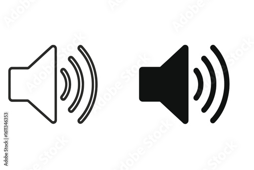Speaker volume icon pair in outline and solid style with sound waves, audio loudspeaker symbol for media player controls, mobile app buttons, UI UX web design, vector illustration