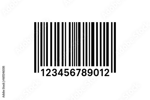 UPC EAN barcode icon with numbers 123456789012, black linear product code for retail checkout scanning, inventory tracking, packaging label tag, isolated on white background
