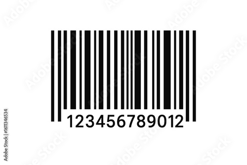 Universal retail barcode icon with numeric code, simple black and white product tag, linear bar code label for inventory control, checkout scan vector illustration