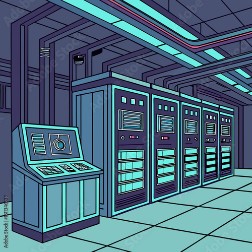 Retro Pixel Art Server Room with Neon Blue Lighting