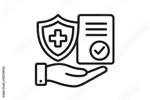 Health insurance policy approval icon. Hand holds shield with medical cross plus document checkmark. Healthcare coverage and financial security concept vector illustration