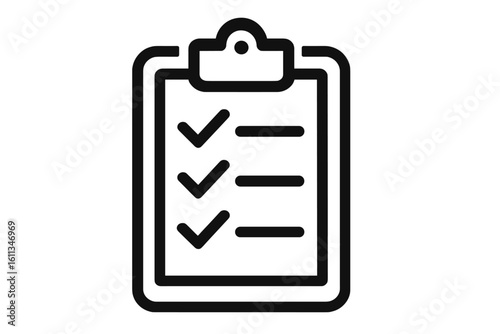 Checklist clipboard icon outline. Survey tasks tick mark list, to-do schedule planner, audit compliance verify, task management symbol, flat minimal vector isolated transparent