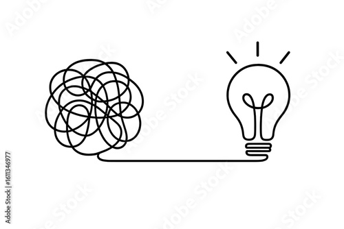 Continuous one line art chaotic scribble turning into light bulb, metaphor for simplifying complexity, problem solving, creativity, innovation, clarity from chaos concept