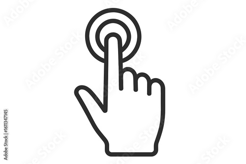 Hand pointer clicking round button icon outline. Finger tap gesture click action for touchscreen, mobile app interface, website UX navigation press symbol. Vector illustration.