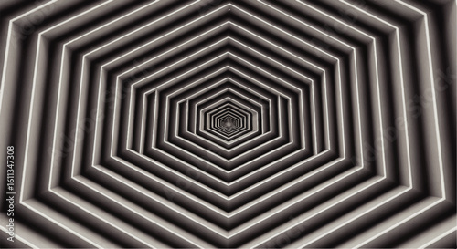Abstract perspective of nested hexagonal shapes receding into the distance.
