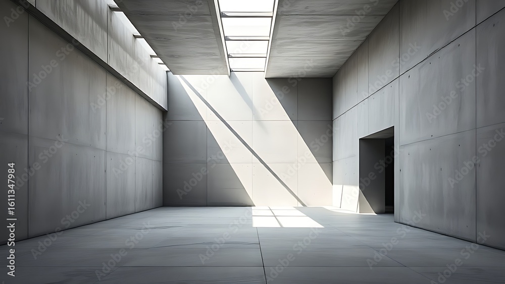 Obraz premium A monochrome concrete interior with clean lines and geometric shadows, illuminated by natural skylight.