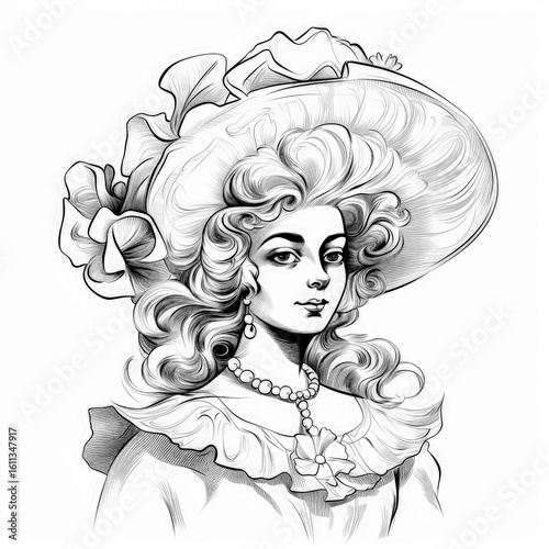 Portrait of a woman in a large hat with floral accents, showcasing elegance and fashion from a bygone era in a classic artistic style
