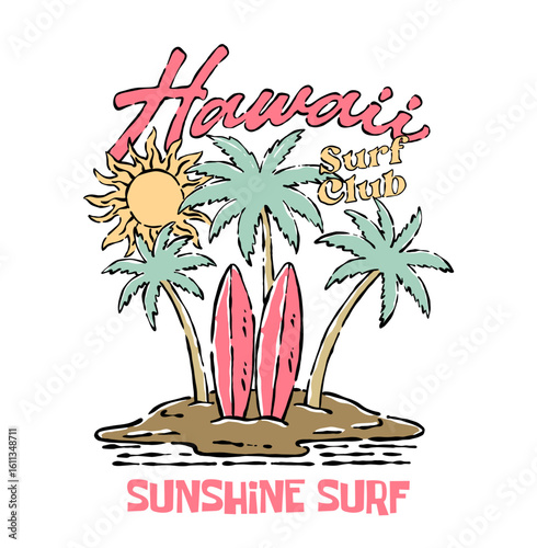 Summer time. hawaii beach. Beach vibes artwork for t shirt, poster, sticker. Summer good vibes. Relax chair hand sketch. Paradise t shirt graphics design, typography slogan on palm trees background. a