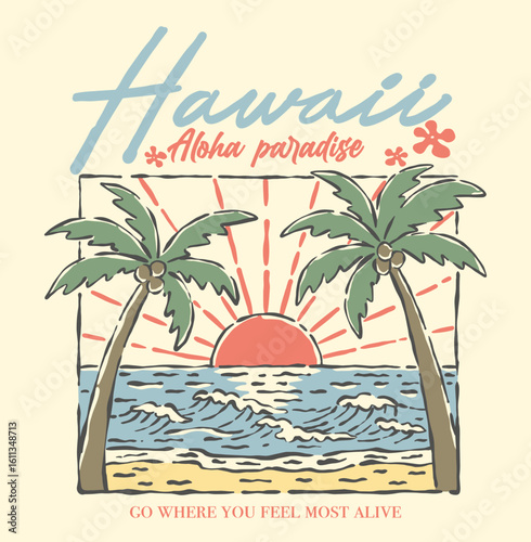 Summer time. hawaii beach. Beach vibes artwork for t shirt, poster, sticker. Summer good vibes. Relax chair hand sketch. Paradise t shirt graphics design, typography slogan on palm trees background. a
