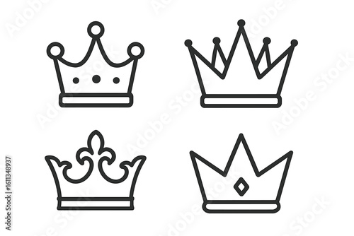 Royal crown icon set black outline line art symbols. Minimal luxury monarchy emblems, king and queen coronet shapes, editable stroke vector illustration transparent background PNG