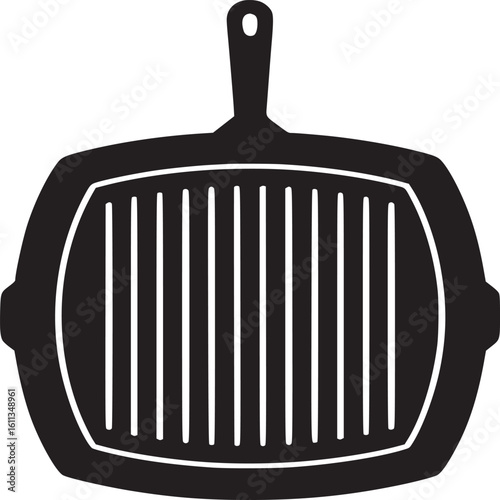 A black and white illustration of a square grill pan with vertical grill lines and a short handle