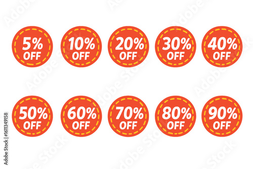 Bright orange sale discount badge set with stitched circle price tags. Percent off labels 5 10 20 30 40 50 60 70 80 90 percent. Retail promotion clearance marketing vector