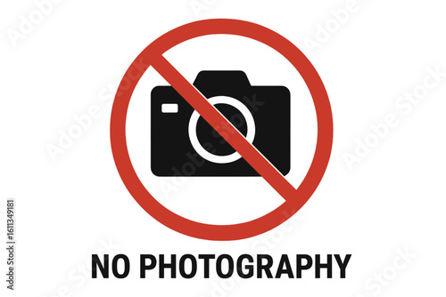 No photography prohibition sign vector icon. Camera silhouette crossed by red circle slash. Universal no photos symbol for privacy, security, restricted areas, museums warning.