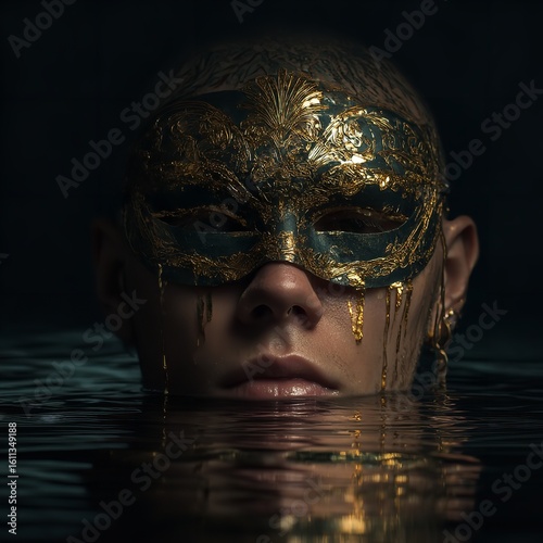 Golden mask water face beauty woman portrait dark mysterious elegant artistic surreal fantasy art