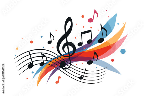 Colorful abstract music notes background vector illustration with treble clef, flowing staff lines, vibrant rainbow sound wave, dynamic melody swirl design isolated on white