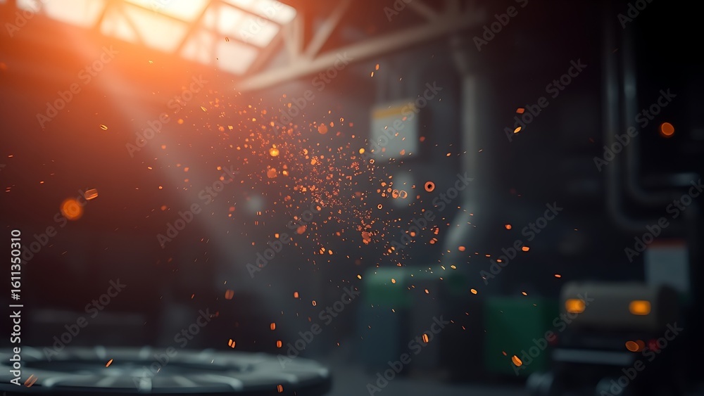 Obraz premium Abstract sparks and molten metal particles mid-air in a dark industrial environment, glowing orange highlights with motion blur.