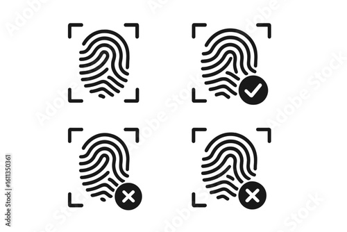 Biometric fingerprint authentication icons set showing scan in progress, success, failure, security access-control verification symbols, touch ID login, identity protection concept