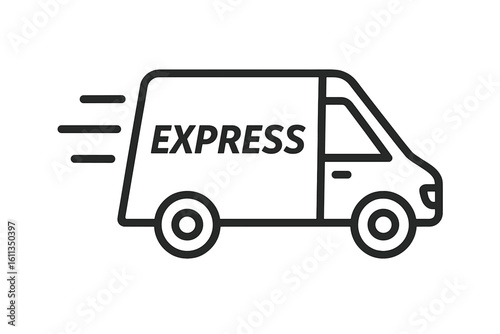 Express delivery van icon with speed lines, fast courier truck symbol for shipping, logistics, outline black line art vector illustration for app UI, web infographic