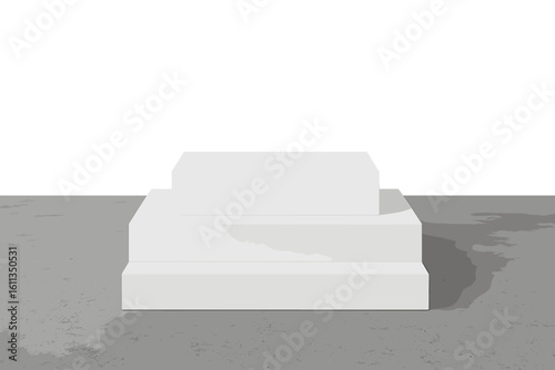 Minimalist empty white rectangular podium with tiered cube steps on concrete floor, sleek platform pedestal 3D mockup stage for product presentation, branding showcase background