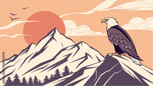 Bald eagle perched on mountain peak illustration with sunset and clouds vector graphic design