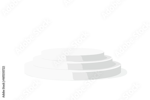 White round 3D podium with three-tier cylindrical steps, minimalist product display stand, blank pedestal stage mockup for cosmetic showcase, award platform, merchandising template
