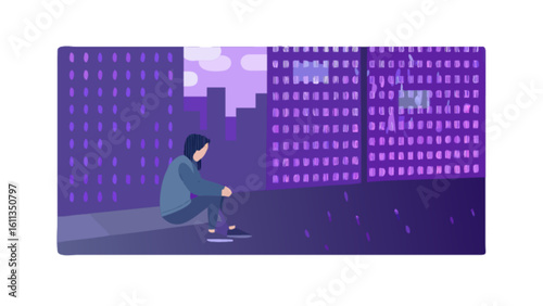 Lonely girl on rooftop in city at night illustration vector art depression sadness cityscape urban scene