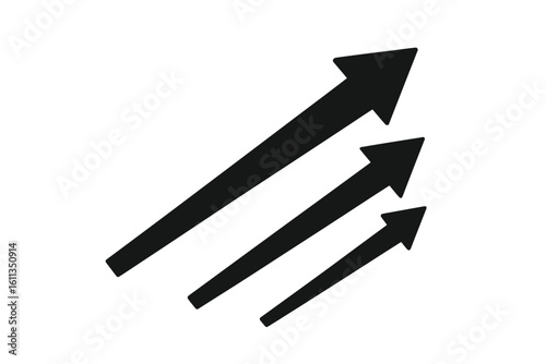 Upward diagonal triple arrows icon symbolizing business growth, rising performance, teamwork progress, competition ranking, positive direction, leadership, black vector glyph