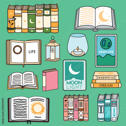 Whimsical book and candle clipart in cozy colors. Includes stacks of books, open pages, candles, lanterns, and dreamy themes . Ideal for journals and stickers.