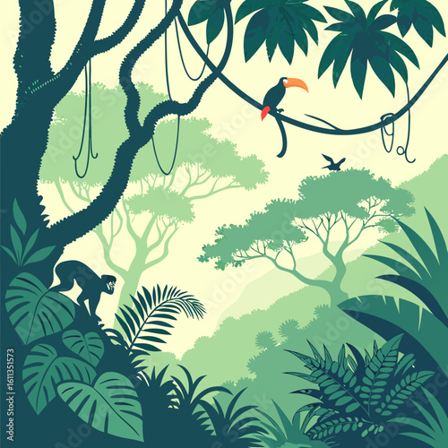Serene Tropical Rainforest Scene with Toucan and Monkey Silhouettes