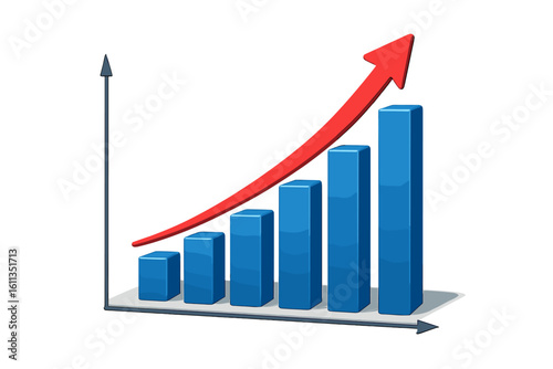 3D blue bar chart with rising columns and red upward arrow illustrating business growth profit increase sales analytics financial success marketing ROI strategy vector concept