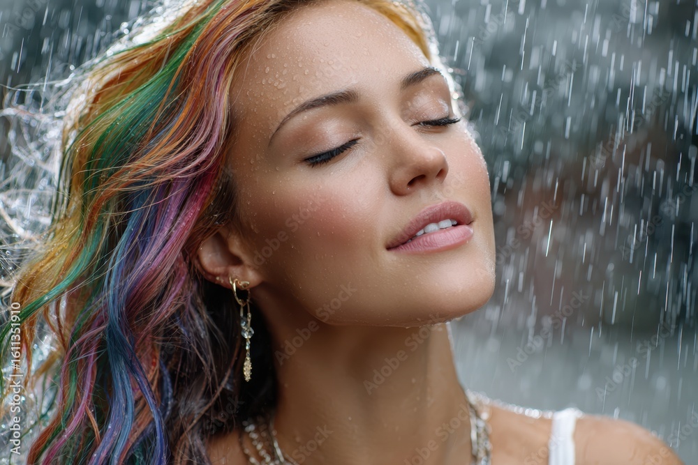 Fototapeta premium Woman enjoying rain outdoors with colorful hair and serene expression