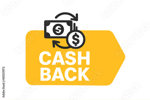 Cashback money refund icon with dollar bill, coin and rotating arrows. Loyalty program tag, purchase discount sticker for mobile app, e-commerce button vector illustration