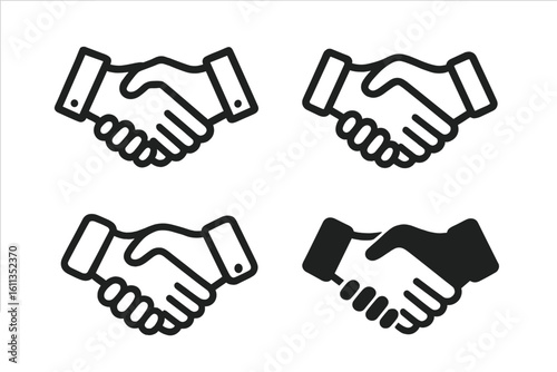 Handshake icon set – business partnership, deal agreement, collaboration handshake symbols, corporate cooperation, friendly contract sign, outline and solid vector clipart illustration