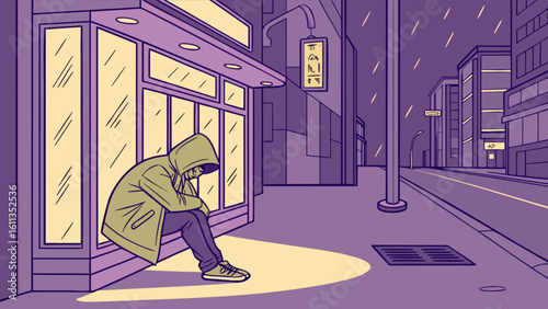 Illustration of a sad hooded figure sitting alone in rainy city street depicting urban loneliness and depression